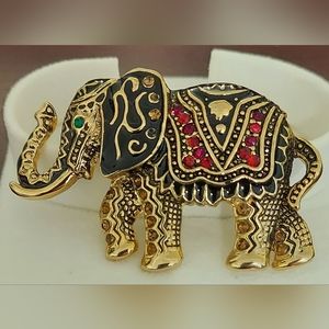 Black & Red Gold-Colored Elephant Brooch/Pin with Red & Amber Rhinestones